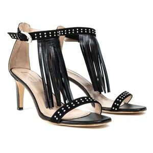 Black Ragazza Heels Made In Italy Size 36 Genuine Leather Fringe Studded US 5